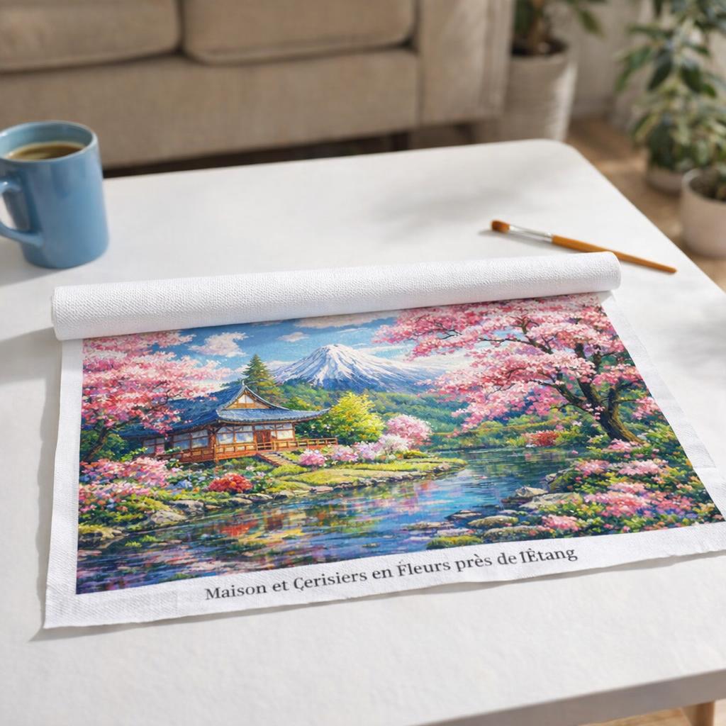 Maison et Cerisiers en Fleurs près de l’Étang - Toile roulée