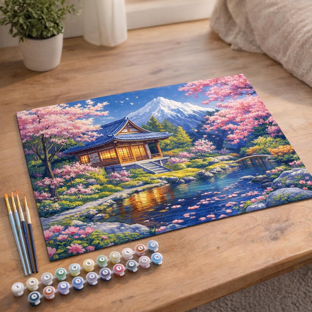 Maison et Cerisiers en Fleurs près de l’Étang - Toile roulée