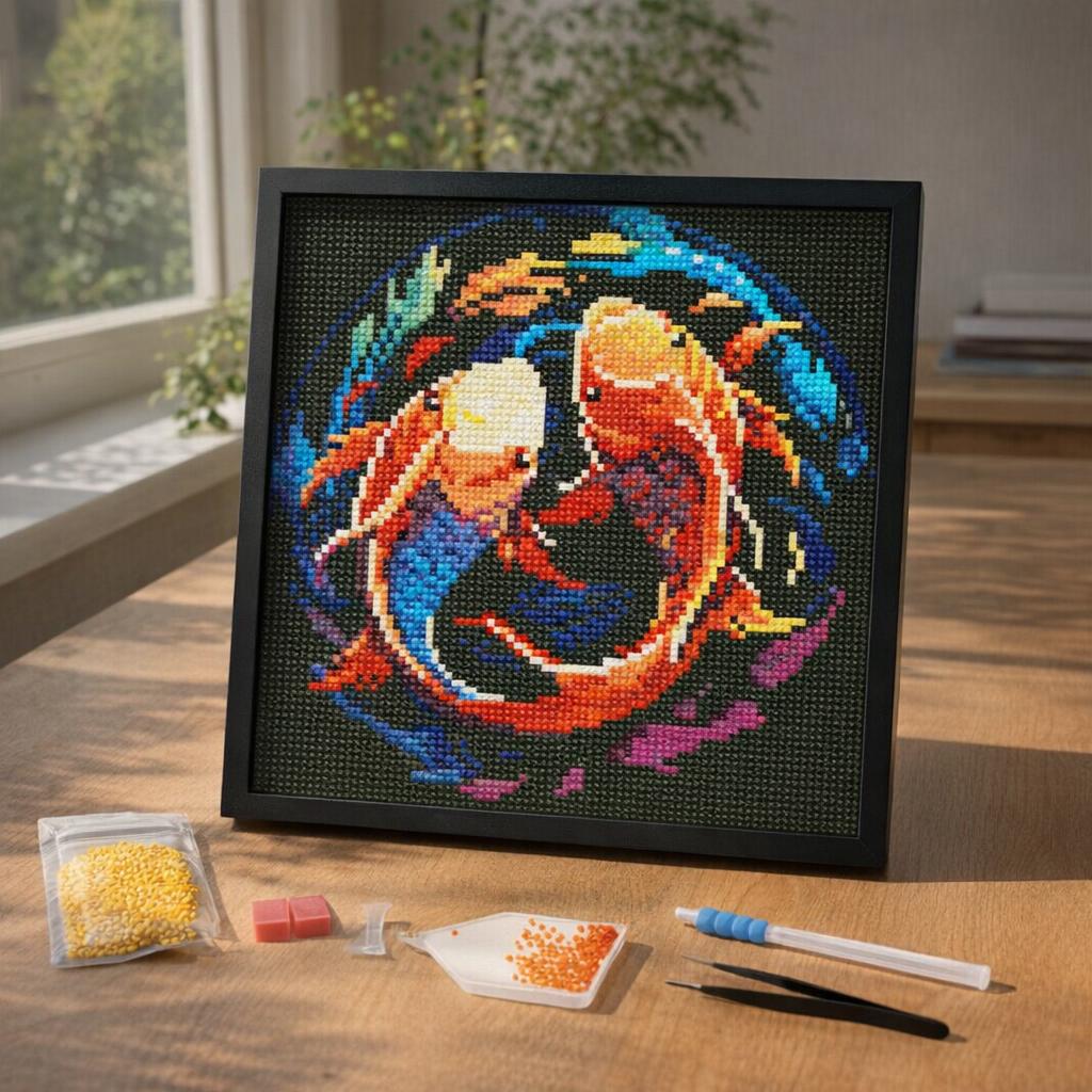 Mini Diamond Painting 25x25cm avec cadre - Carpes Koï Colorées