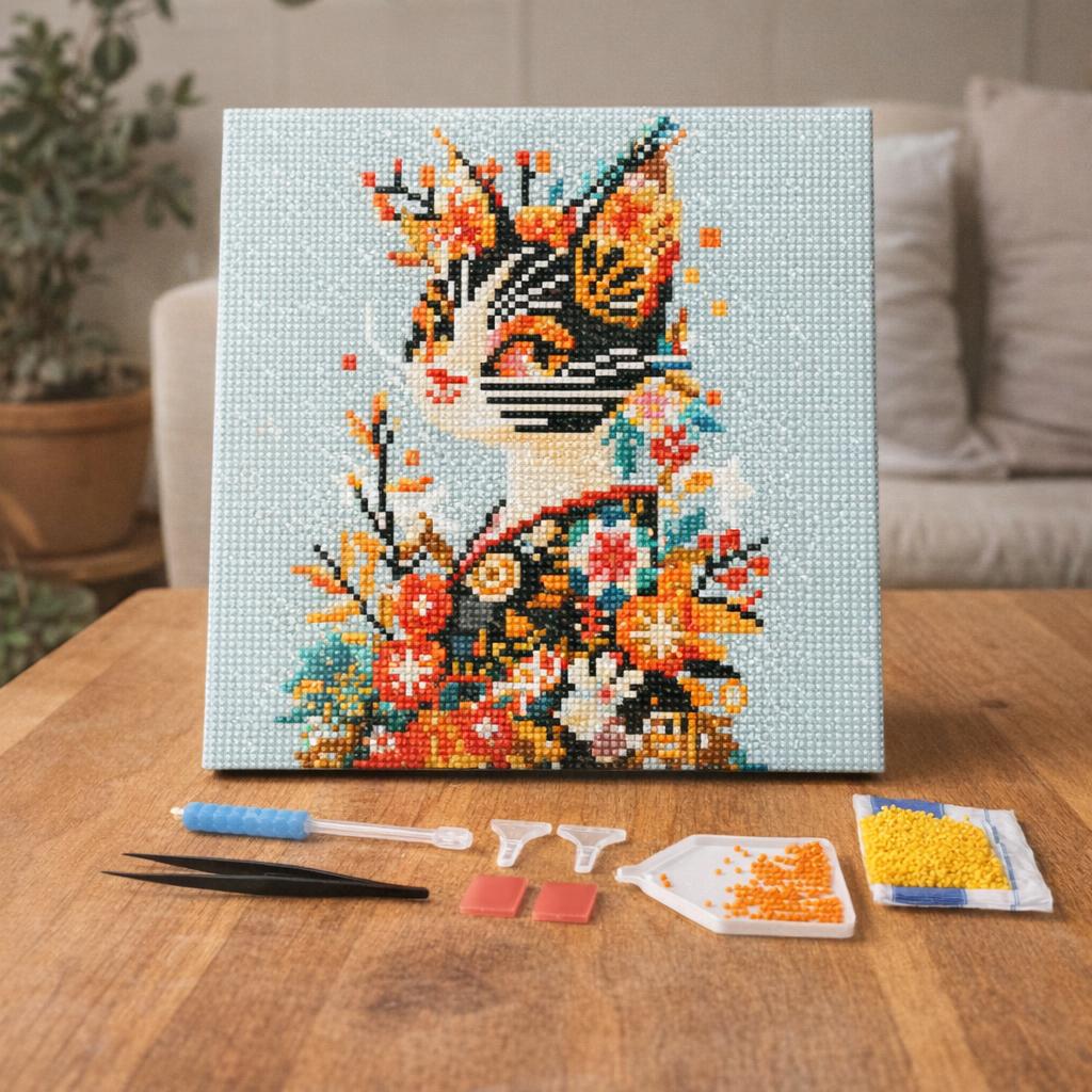 Mini Diamond Painting 25x25cm avec cadre - Chat Floral en Kimono