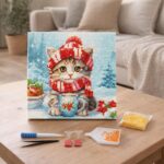 Mini Diamond Painting 25x25cm avec cadre - Chat Mignon avec Écharpe Rouge