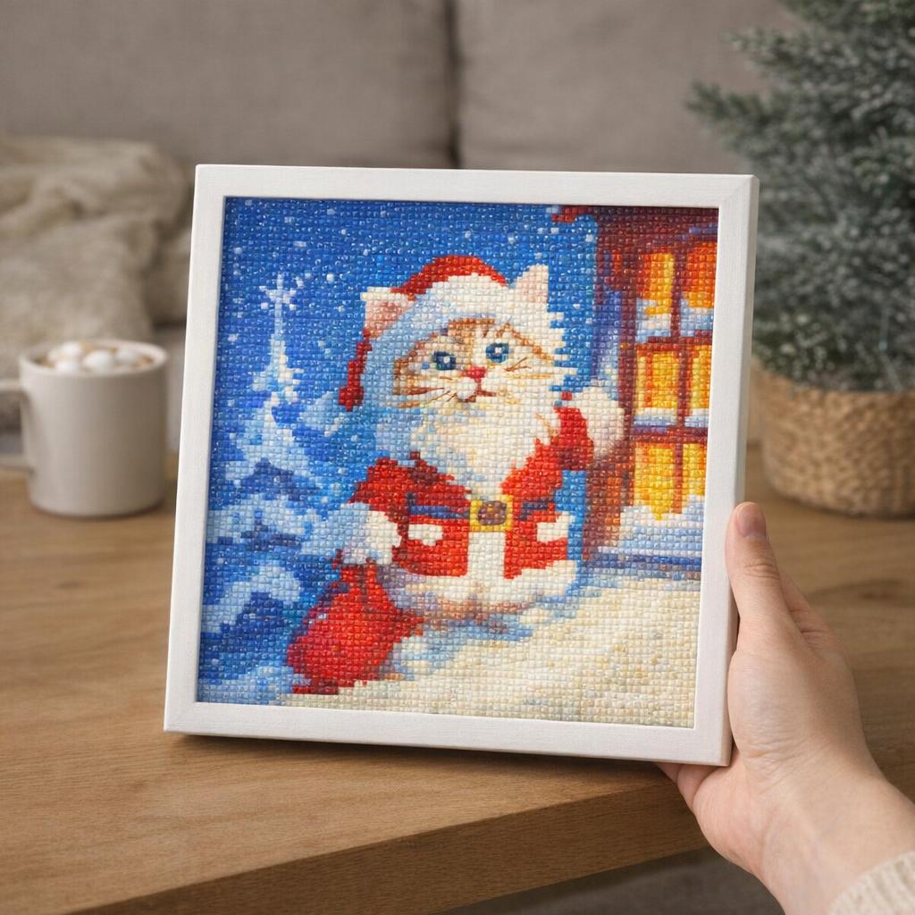 Mini Diamond Painting 25x25cm avec cadre - Chat Père Noël
