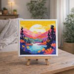 Mini Diamond Painting 25x25cm avec cadre - Coucher de Soleil Coloré au Bord du Lac