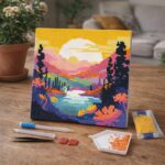 Mini Diamond Painting 25x25cm avec cadre - Coucher de Soleil Coloré au Bord du Lac