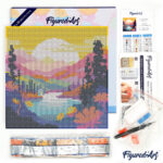 Mini Diamond Painting 25x25cm avec cadre - Coucher de Soleil Coloré au Bord du Lac