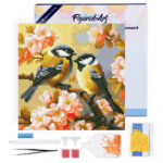 Mini Diamond Painting 25x25cm avec cadre - Couple d'Oiseaux parmi les Fleurs