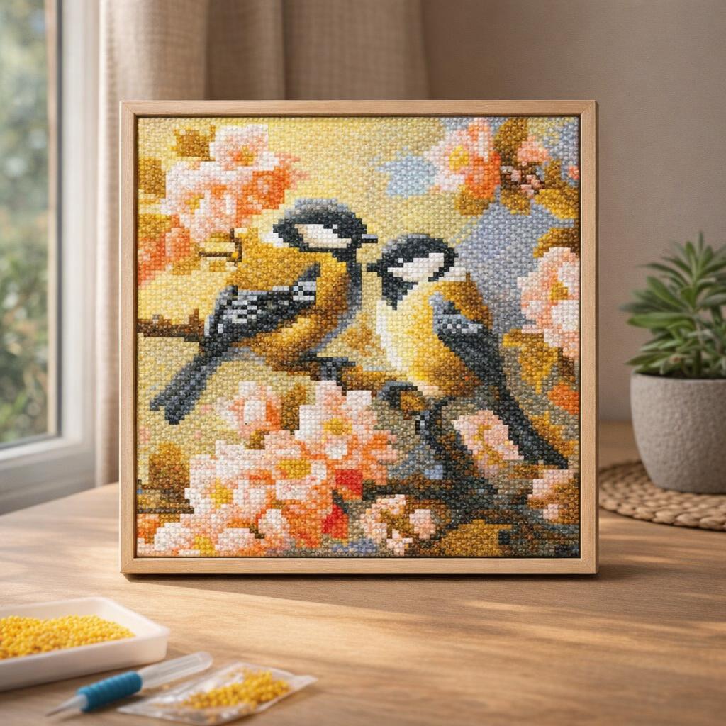 Mini Diamond Painting 25x25cm avec cadre - Couple d'Oiseaux parmi les Fleurs