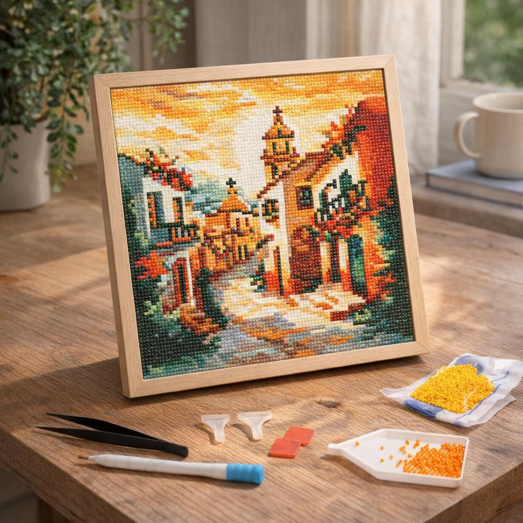 Mini Diamond Painting 25x25cm avec cadre - Église de Village Ensoleillé