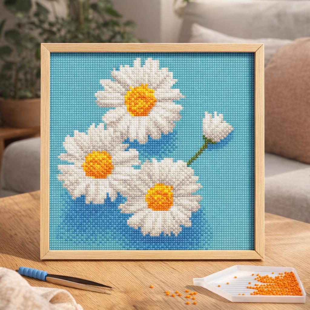 Mini Diamond Painting 25x25cm avec cadre - Jolies Marguerites Blanches