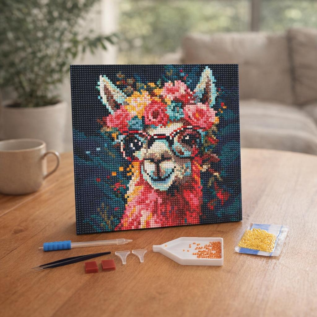 Mini Diamond Painting 25x25cm avec cadre - Lama Fantaisie et Fleurs