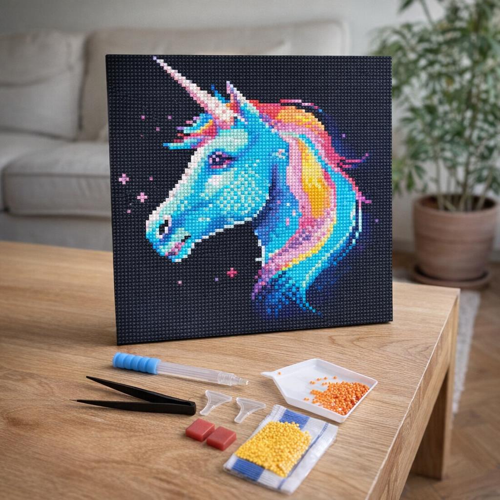 Mini Diamond Painting 25x25cm avec cadre - Licorne Néon