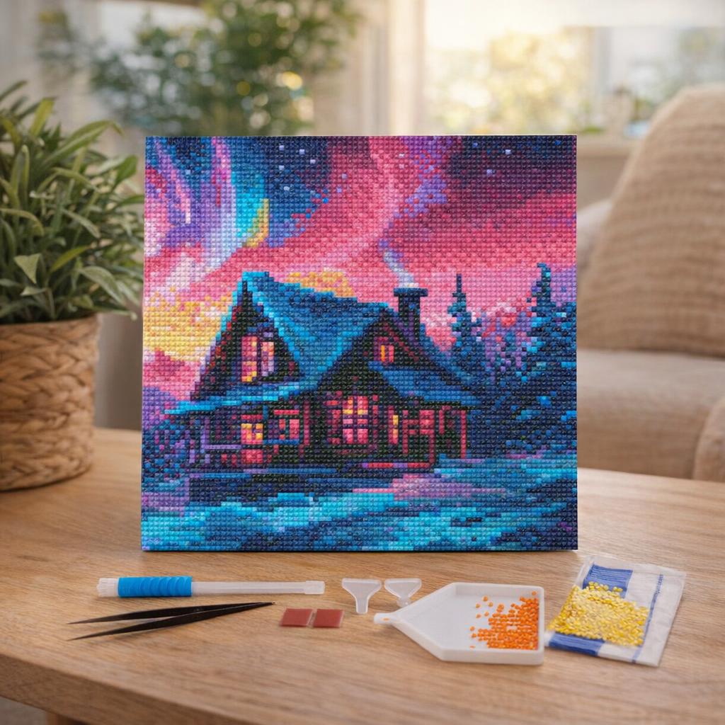 Mini Diamond Painting 25x25cm avec cadre - Maison et Aurore boréale