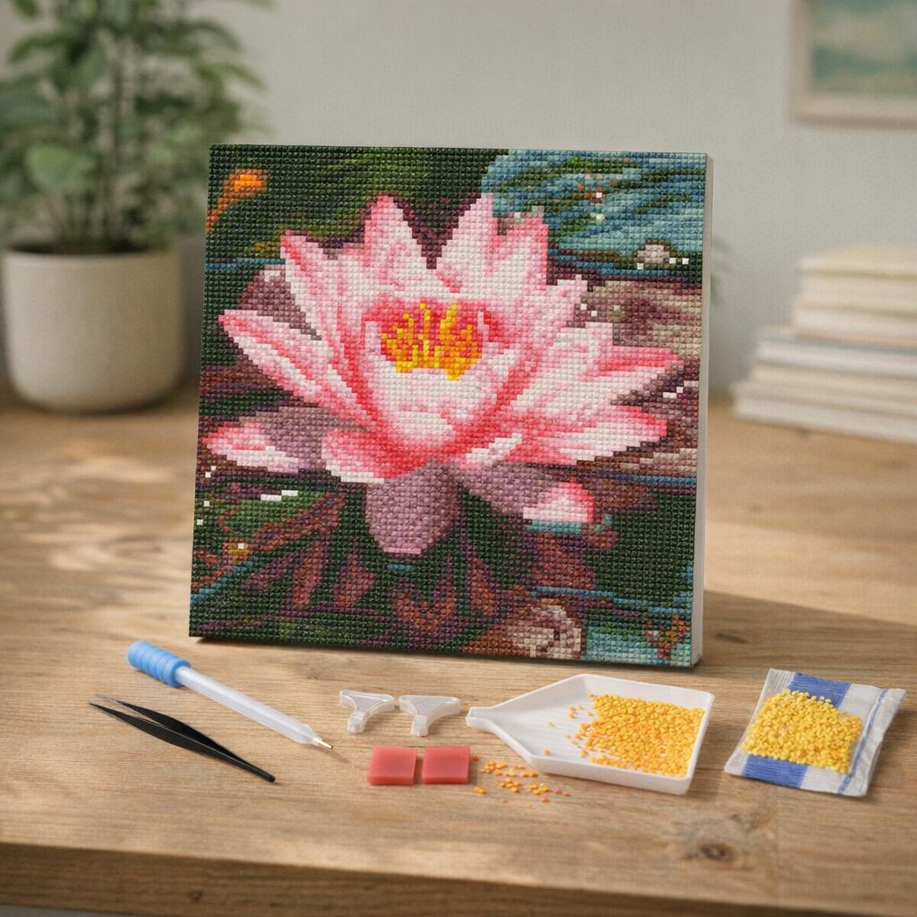 Mini Diamond Painting 25x25cm avec cadre - Nénuphar Rose