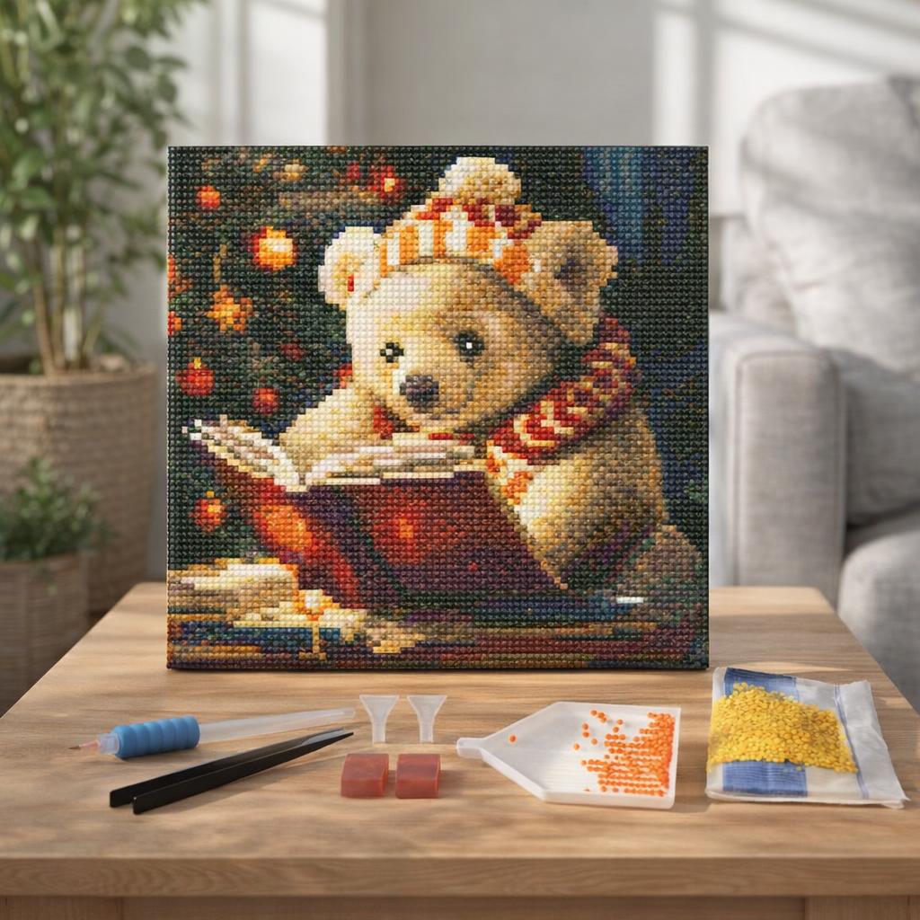Mini Diamond Painting 25x25cm avec cadre - Ours Mignon en train de Lire