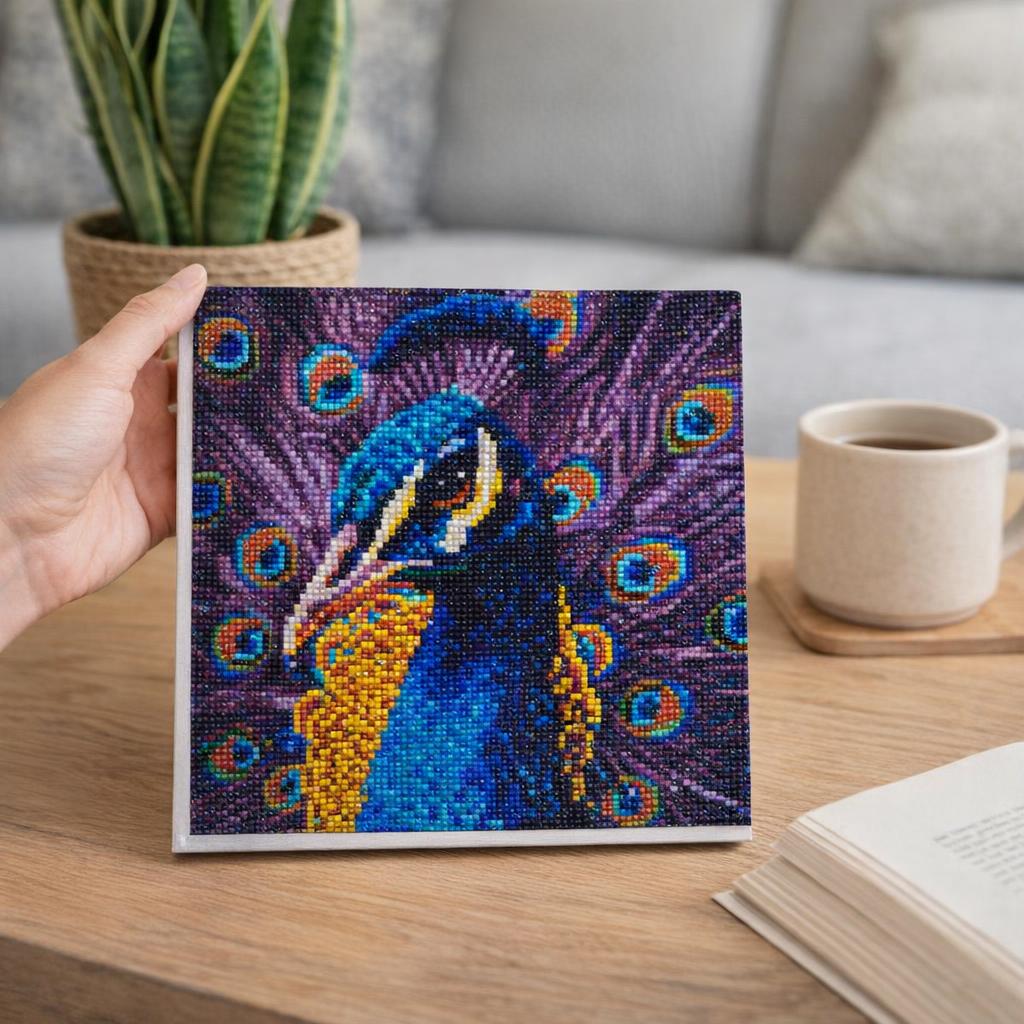 Mini Diamond Painting 25x25cm avec cadre - Paon Élégant