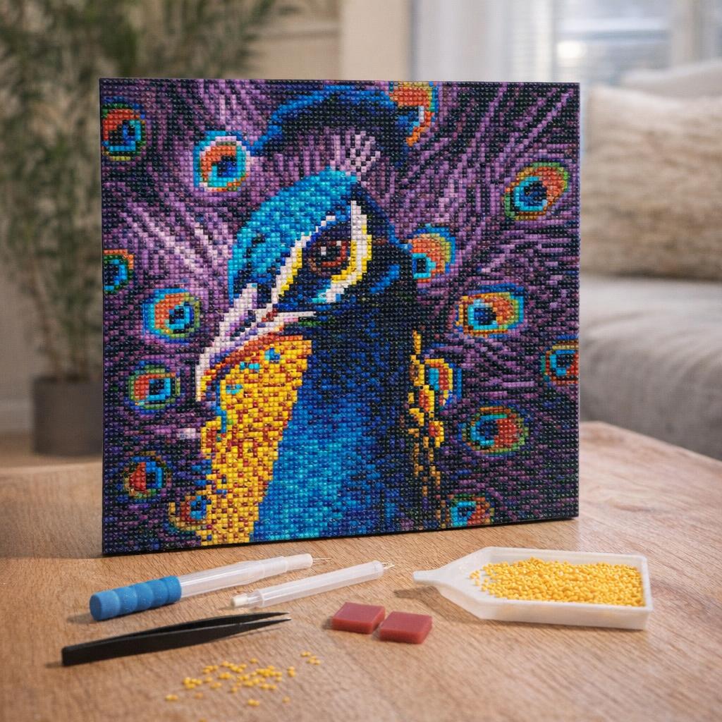 Mini Diamond Painting 25x25cm avec cadre - Paon Élégant