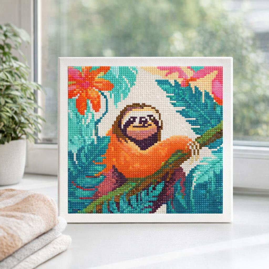 Mini Diamond Painting 25x25cm avec cadre - Paresseux Tropical