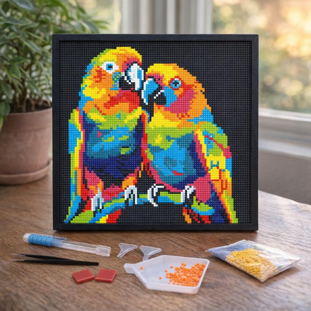 Mini Diamond Painting 25x25cm avec cadre - Perroquets Abstraits Pop Art