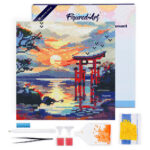Mini Diamond Painting 25x25cm avec cadre - Porte Torii au coucher du soleil