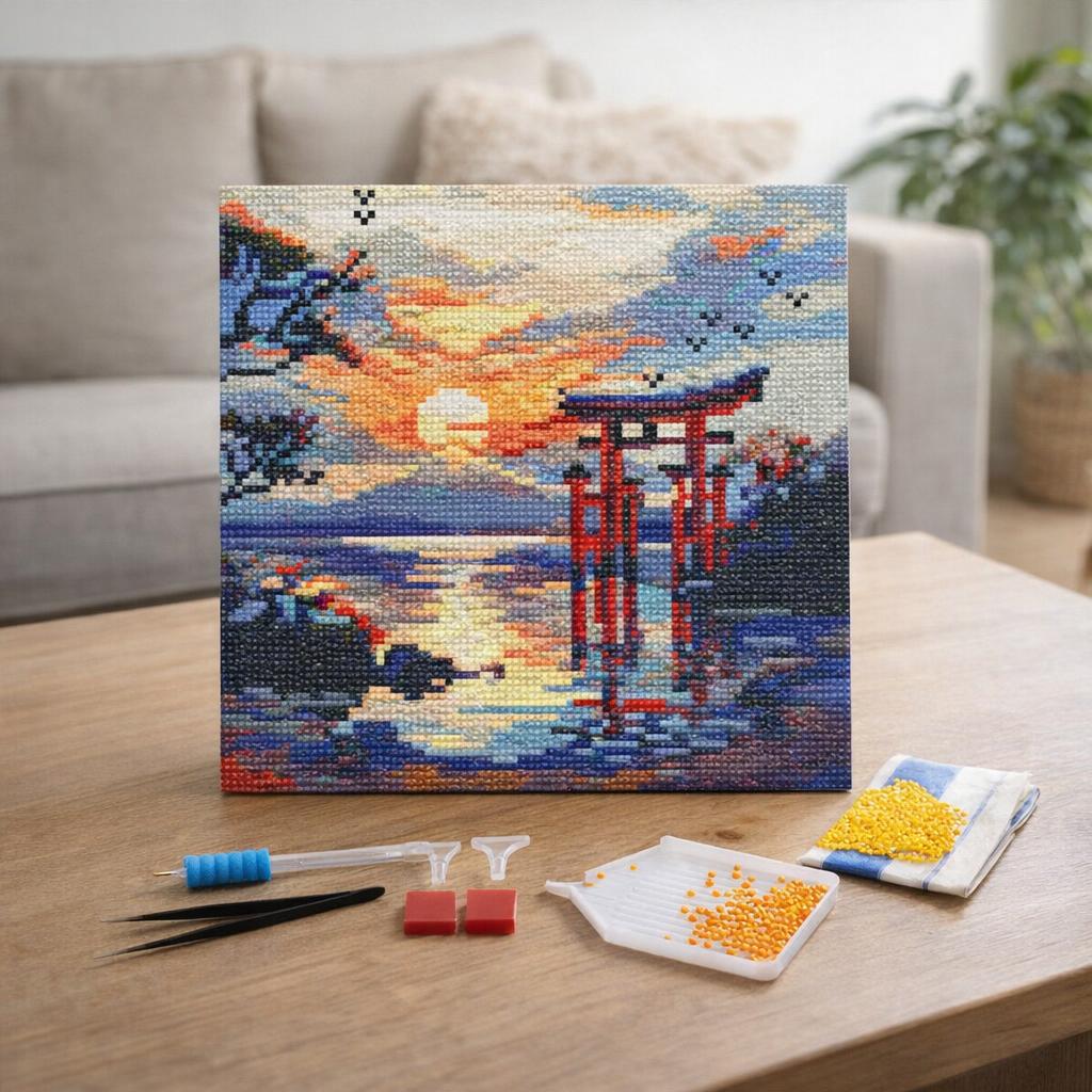 Mini Diamond Painting 25x25cm avec cadre - Porte Torii au coucher du soleil