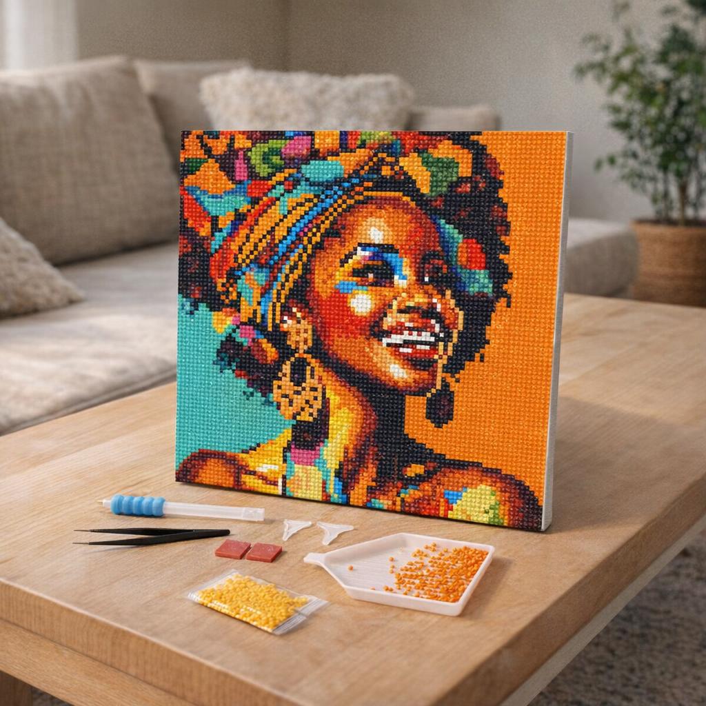 Mini Diamond Painting 25x25cm avec cadre - Reine Africaine Pop Art