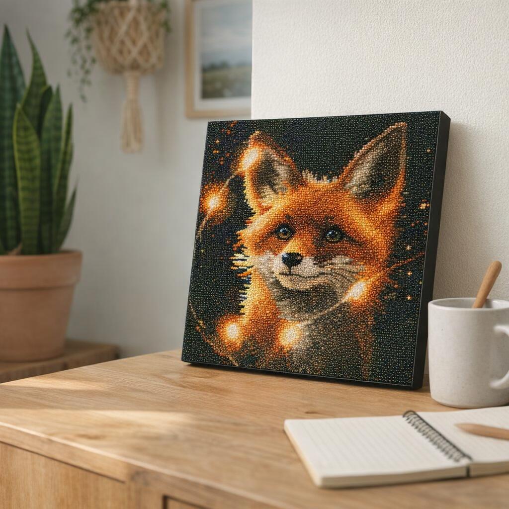 Mini Diamond Painting 25x25cm avec cadre - Renard Roux et Lumière