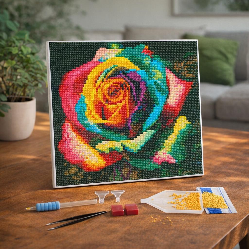 Mini Diamond Painting 25x25cm avec cadre - Rose Multicolore