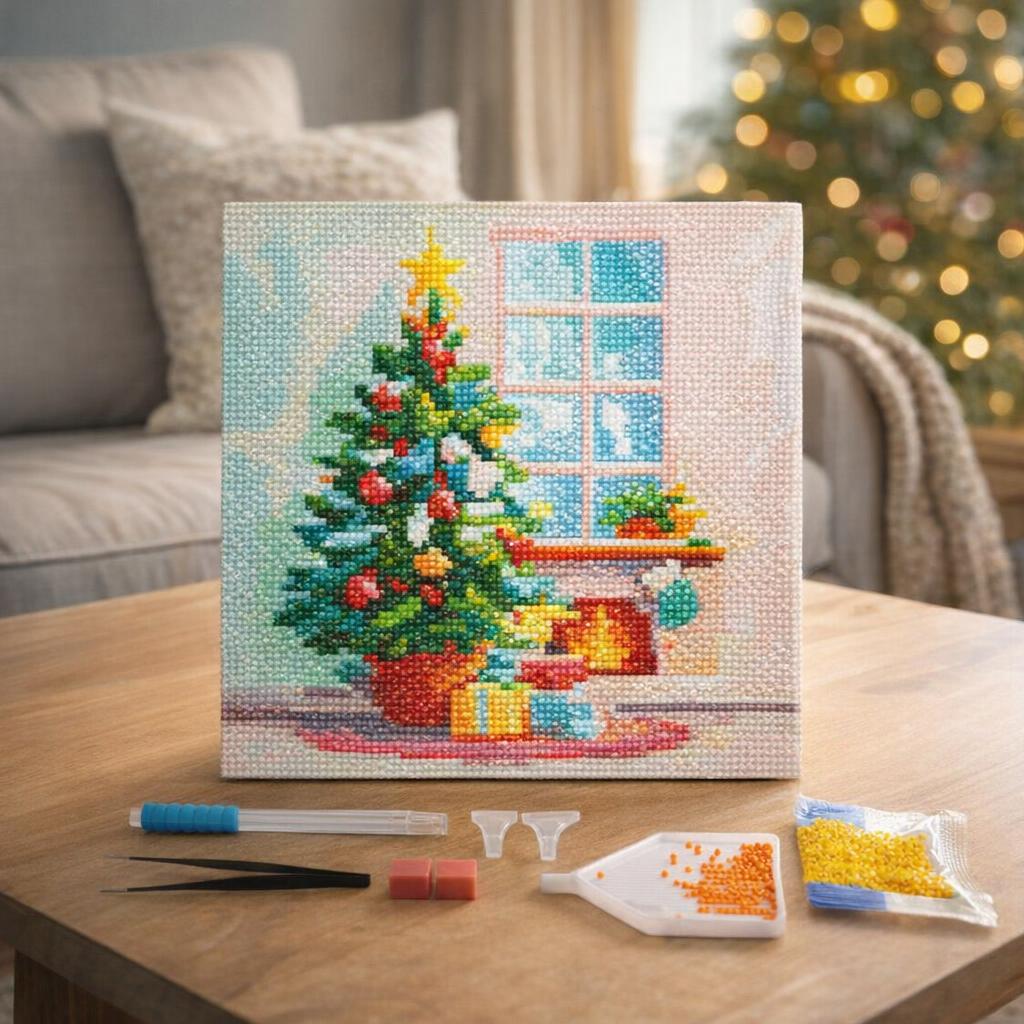 Mini Diamond Painting 25x25cm avec cadre - Sapin et Cheminée