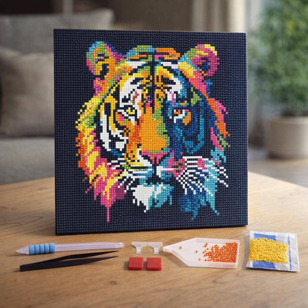 Mini Diamond Painting 25x25cm avec cadre - Tigre Abstrait Pop Art