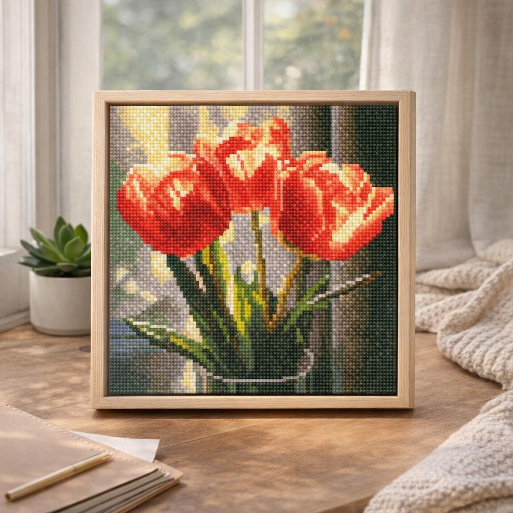 Mini Diamond Painting 25x25cm avec cadre - Tulipes Pêche