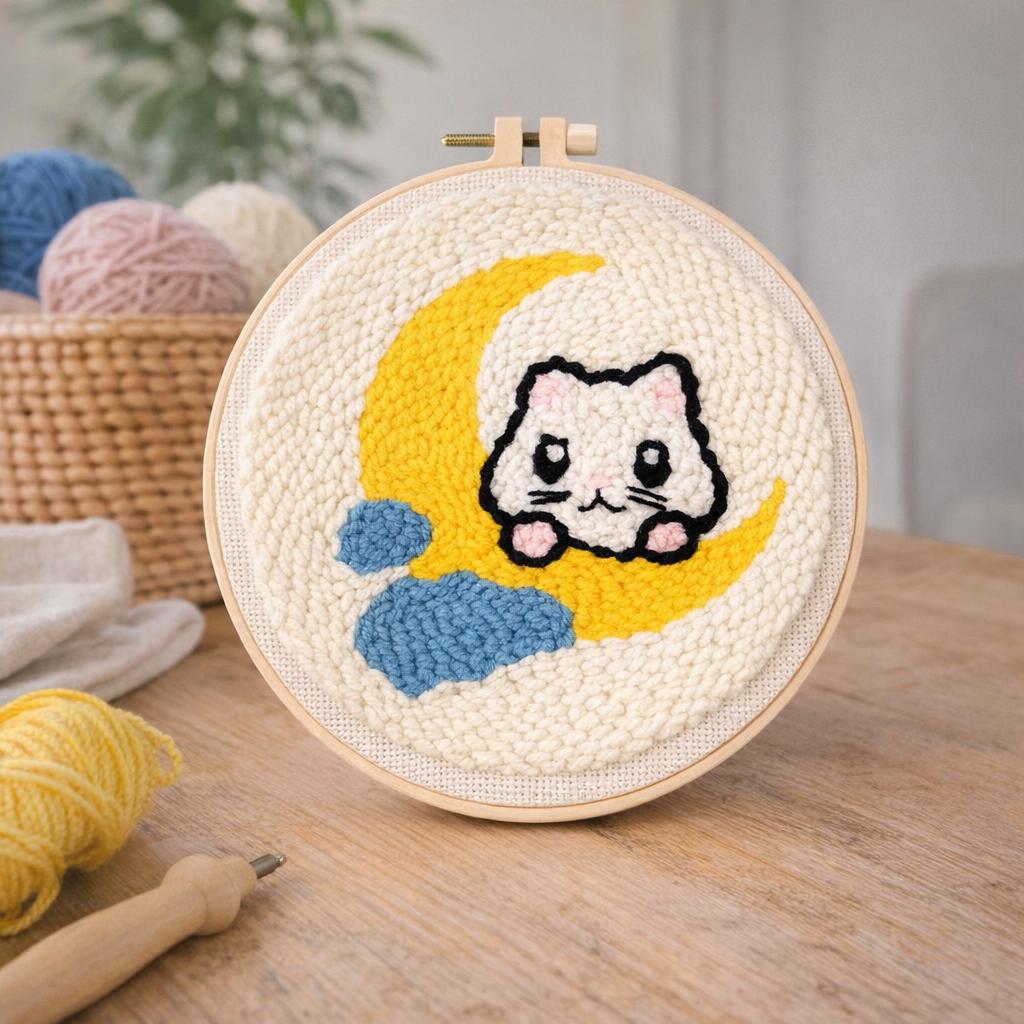 Punch Needle Chat sur la lune