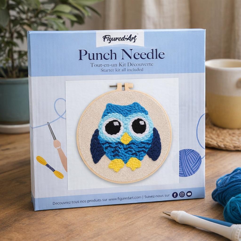Chouette bleue punch needle
