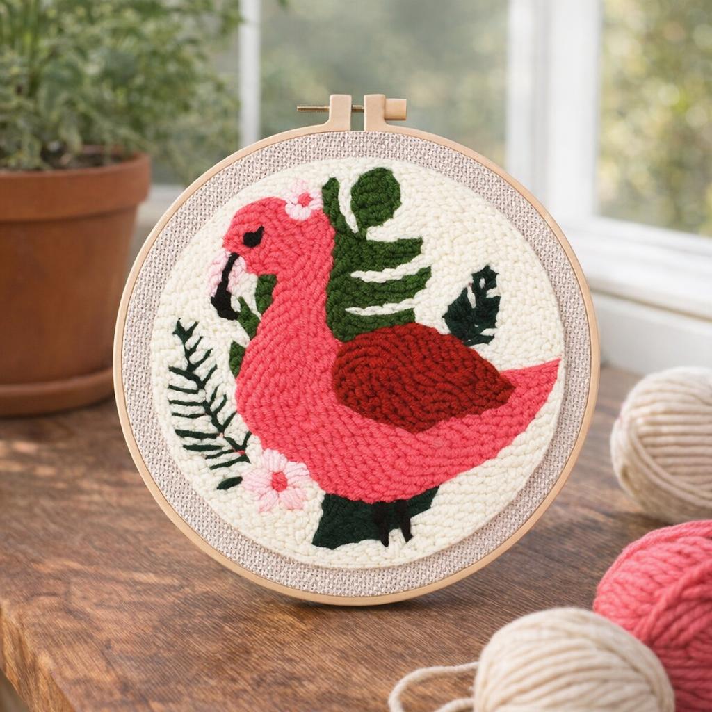 Punch Needle Flamant rose et Feuillage