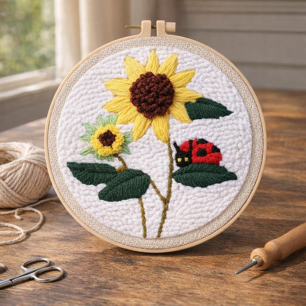 Punch Needle Fleurs et Coccinelle