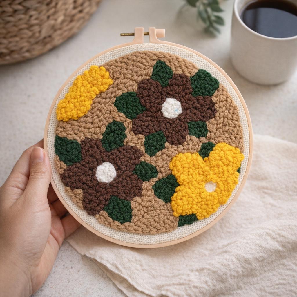 Punch Needle Fleurs jaunes et brunes
