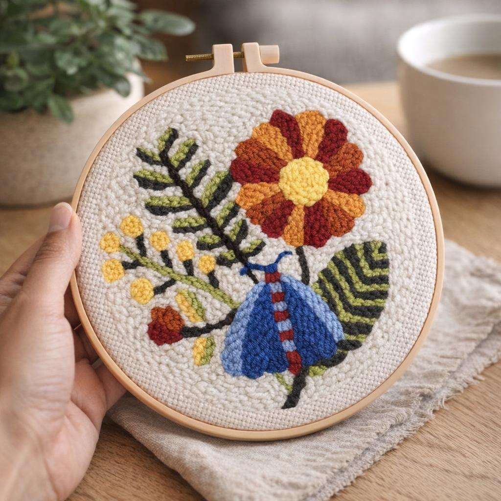 Punch Needle Papillon bleu et fleurs