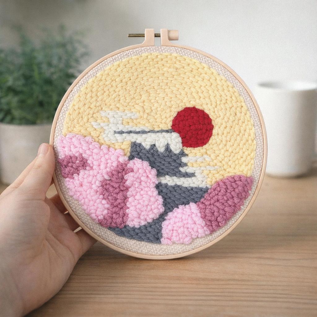 Punch Needle Soleil levant et Cerisiers en Fleurs