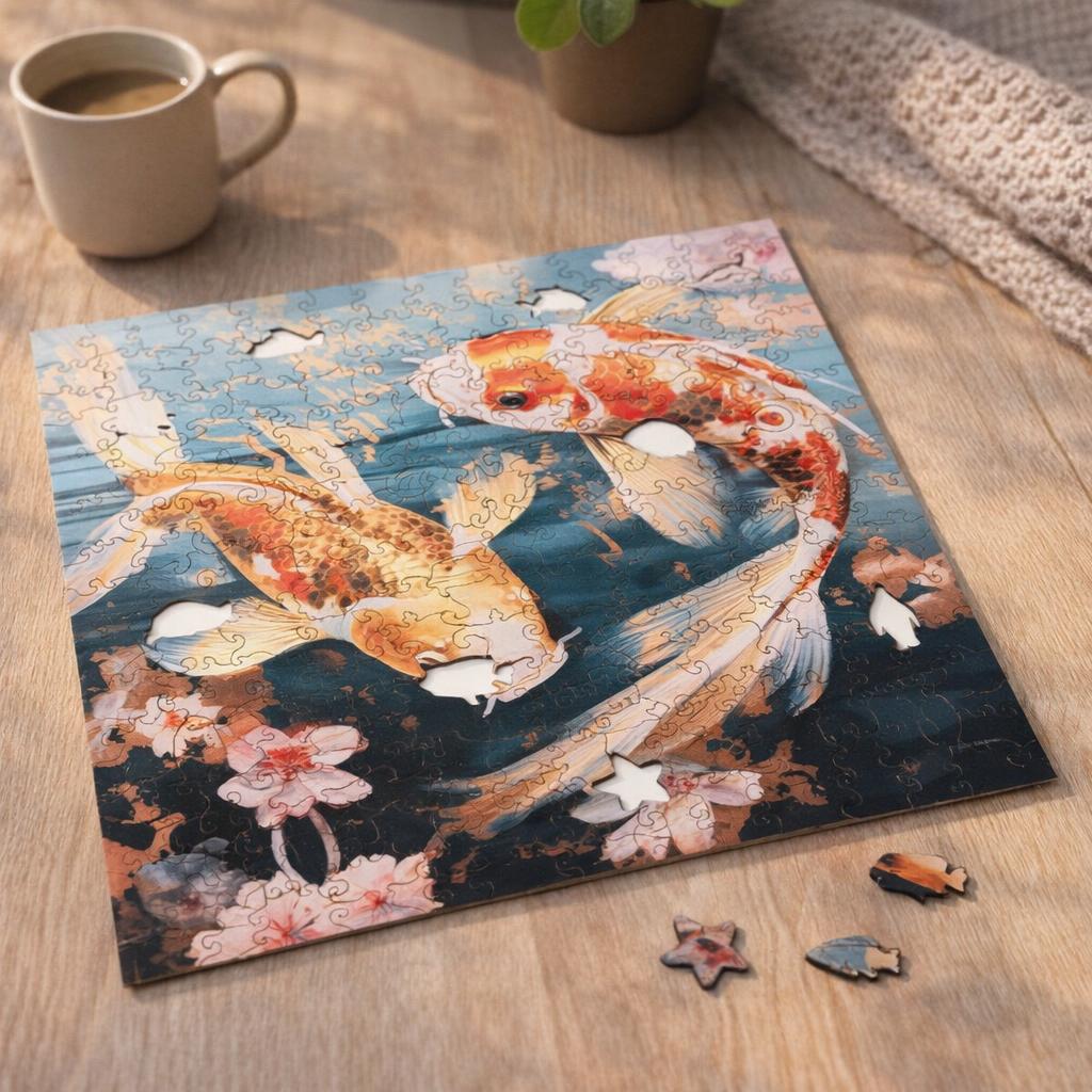 Puzzle en Bois Adulte - Carpe Koï et Fleurs