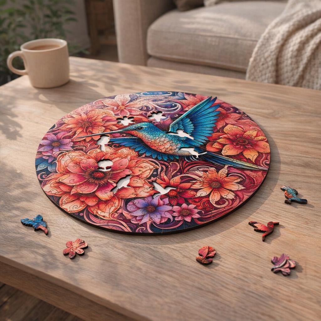 Puzzle en Bois Adulte - Colibri et Fleurs Épanouies
