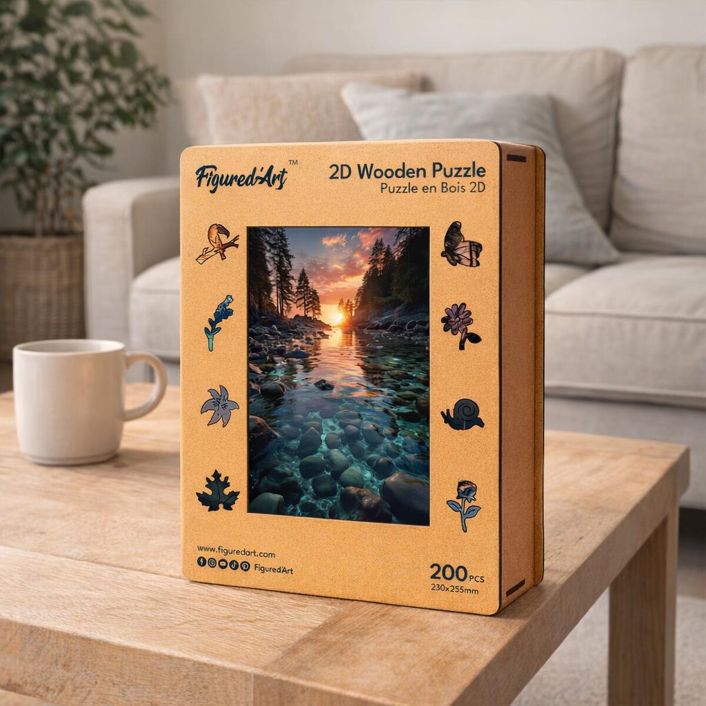 Puzzle en Bois Adulte - Coucher de soleil et Rivière transparente
