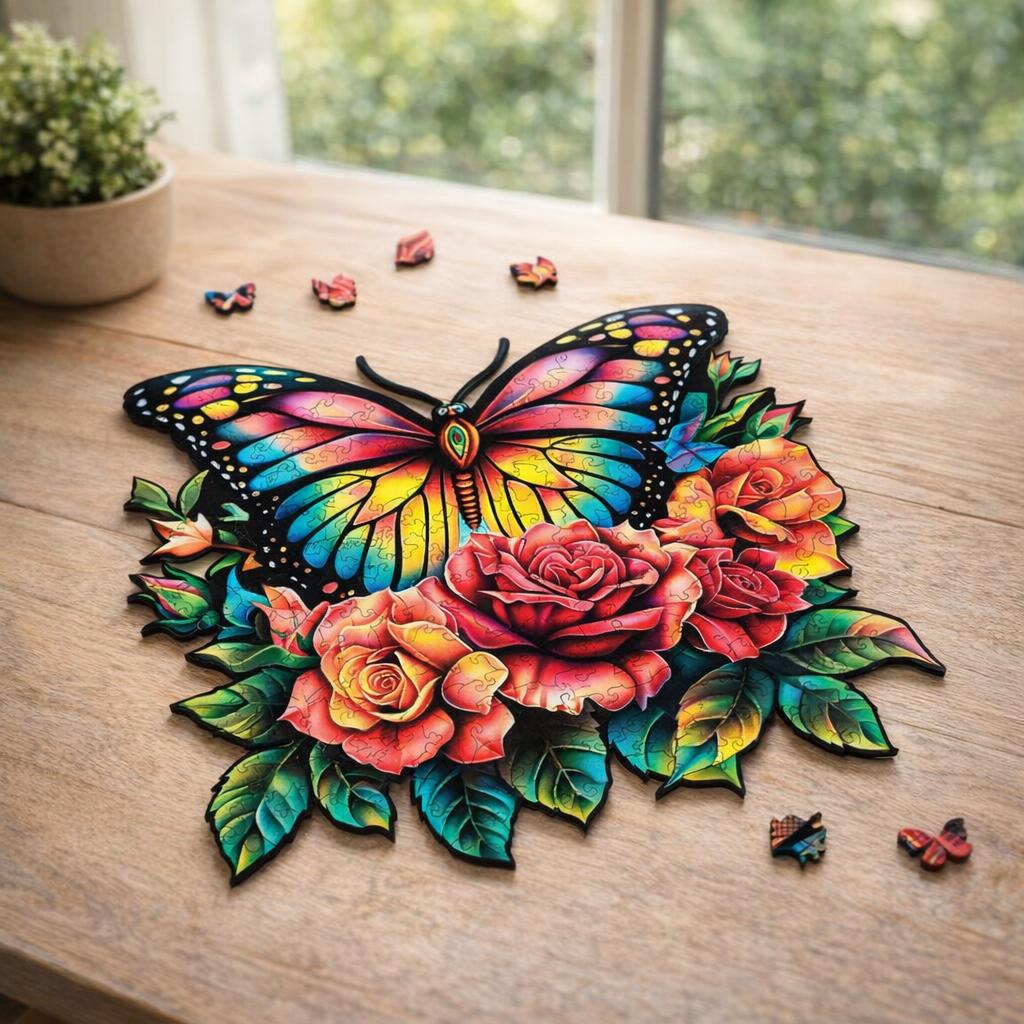 Puzzle en Bois Adulte - Papillon et Roses