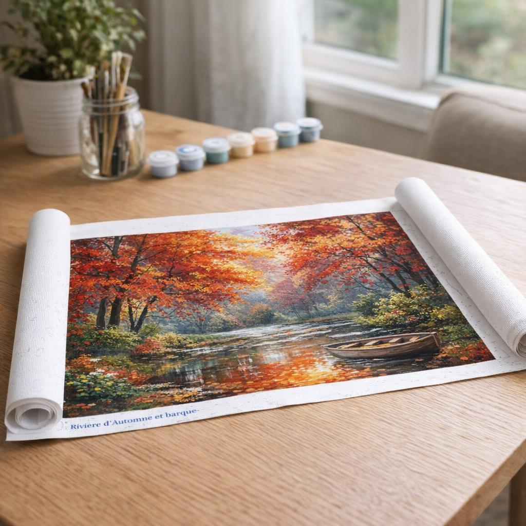 Rivière d'Automne et barque - Toile roulée
